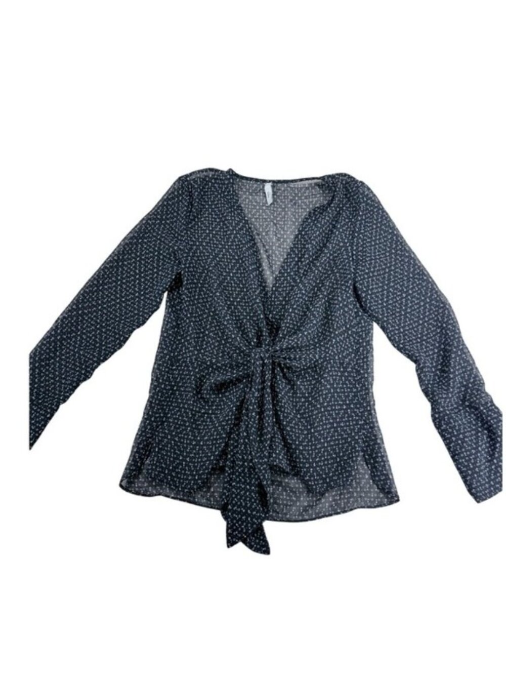 Mango‎ Suit Womens Size 2 Navy Blue Sheer Micro Print Front Tie V-Neck Blouse
